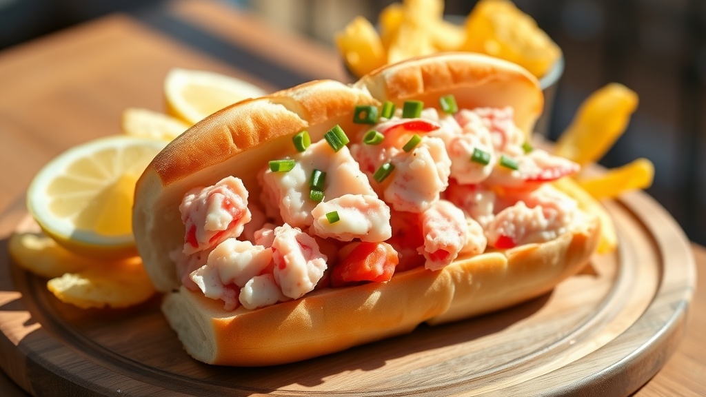 A Lobster Roll filled with fresh lobster meat, served with lemon and potato chips on a wooden platter.